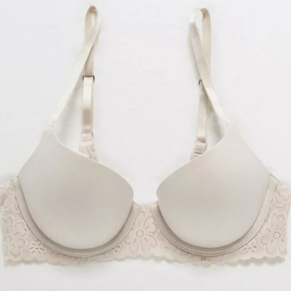 Aerie Light Beige Sunnie Full Coverage Lightly Lined Blossom Lace Trim Bra - Picture 2 of 5